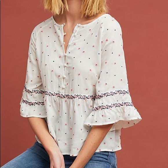 Anthro Velvet Graham Spencer Embroidered Ditzy Floral Babydoll Blouse Top - Picture 2 of 14